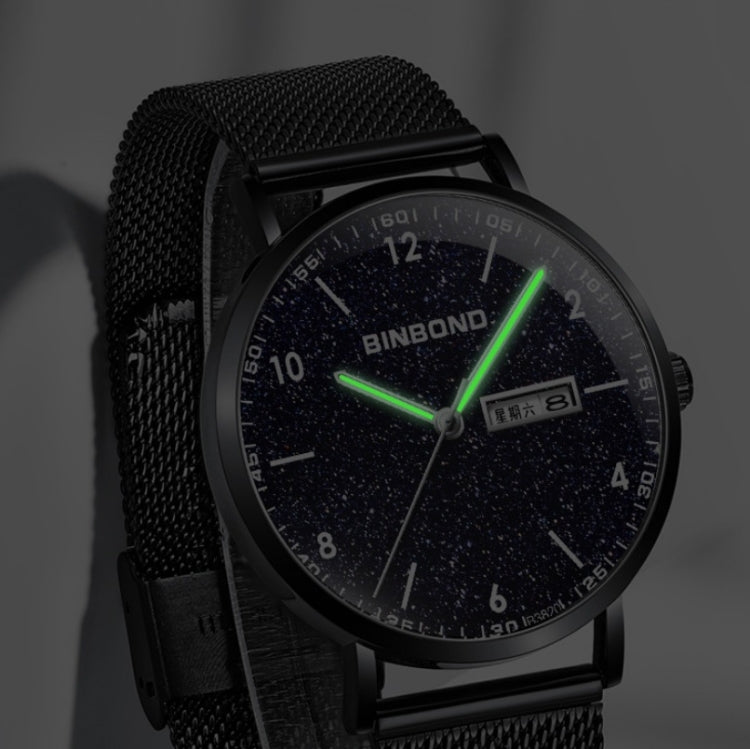 BINBOND B3820 Men Simple Luminous Quartz Watch Student Trendstarry Starry Sky Pattern Watch(Black Mash Black Shell White Nails)