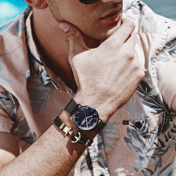 BINBOND B3820 Men Simple Luminous Quartz Watch Student Trendstarry Starry Sky Pattern Watch(Black Mash Black Shell White Nails)