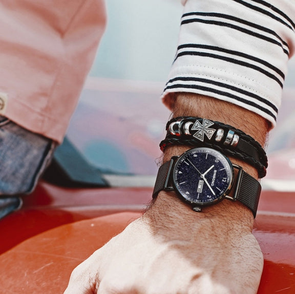 BINBOND B3820 Men Simple Luminous Quartz Watch Student Trendstarry Starry Sky Pattern Watch(Black Leather Rose Shell Rose Nails)