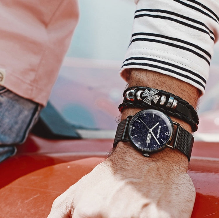 BINBOND B3820 Men Simple Luminous Quartz Watch Student Trendstarry Starry Sky Pattern Watch(Black Leather Rose Shell Rose Nails)