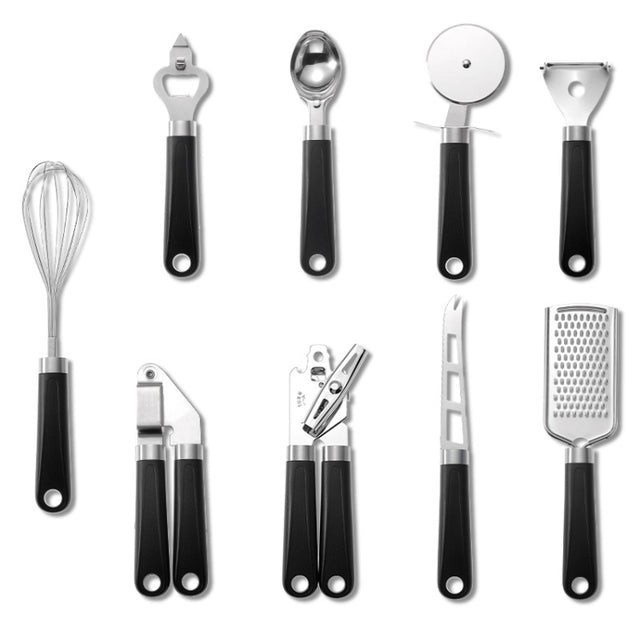 9 in 1 Plastic Handle Stainless Steel Kitchen Utensils Household Gadget Set(Black)