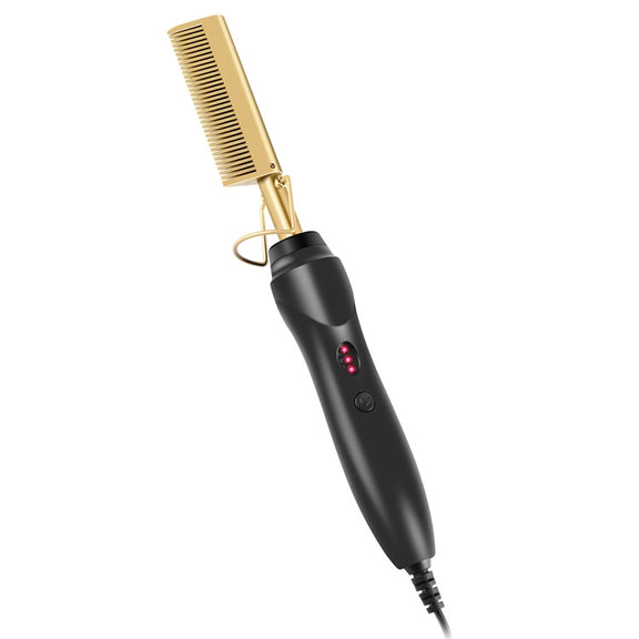 Multifunctional Comb Dry And Wet Dual-Use Curly Hair Straightening Stick Electric Perm Comb US Plug(Golden)