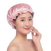 Lovely Thick Women Satin Colorful Double Water-resistant Hair Cover Bathing Cap(Pink)