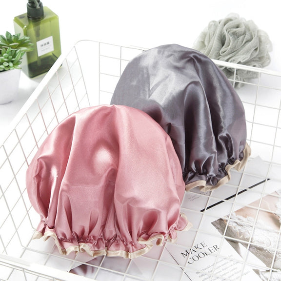 Lovely Thick Women Satin Colorful Double Water-resistant Hair Cover Bathing Cap(Pink)