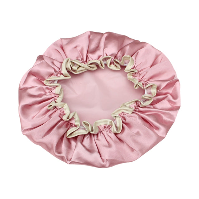 Lovely Thick Women Satin Colorful Double Water-resistant Hair Cover Bathing Cap(Pink)