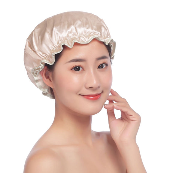 Lovely Thick Women Satin Colorful Double Water-resistant Hair Cover Bathing Cap(Gold)