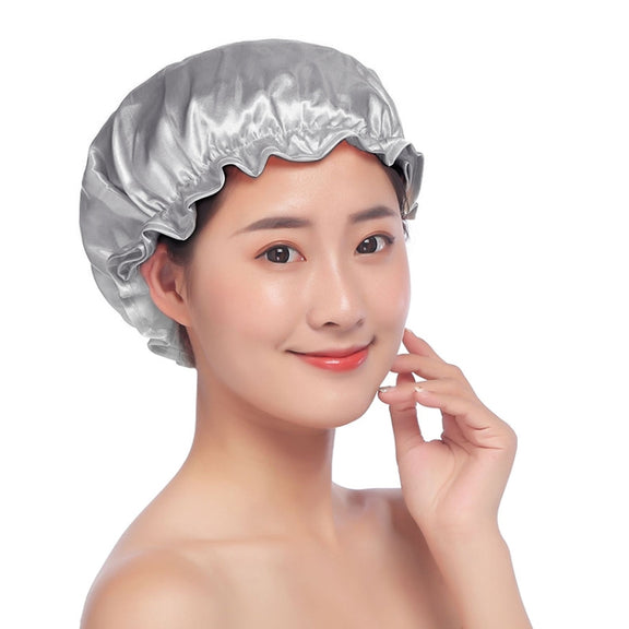 Lovely Thick Women Satin Colorful Double Water-resistant Hair Cover Bathing Cap(Grey)