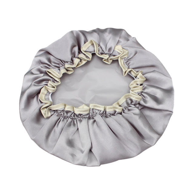 Lovely Thick Women Satin Colorful Double Water-resistant Hair Cover Bathing Cap(Grey)
