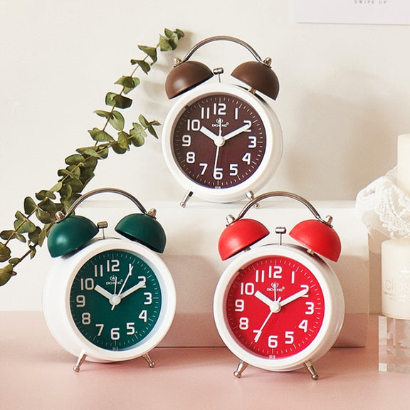 6016 Simple Bell Small Alarm Clock Students Learning Bedside Clock With Night Light(Coffee Color)