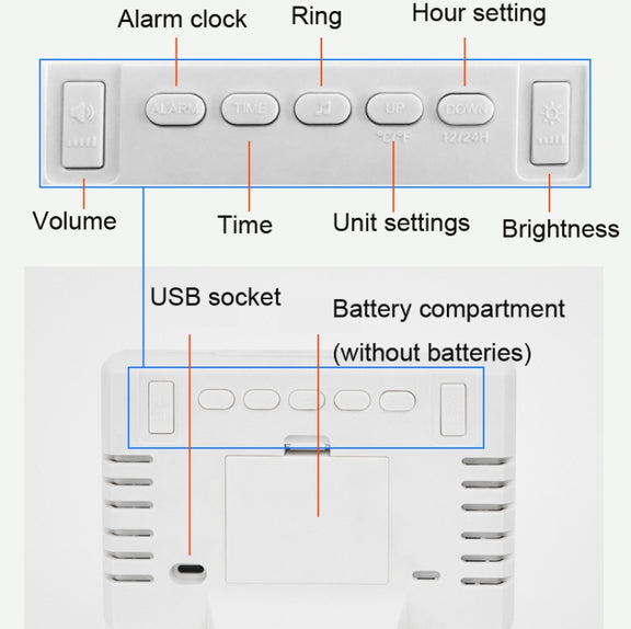 Large Screen LED Clock Bedside Multifunctional Electronic Alarm Clock(Black Shell White Light)