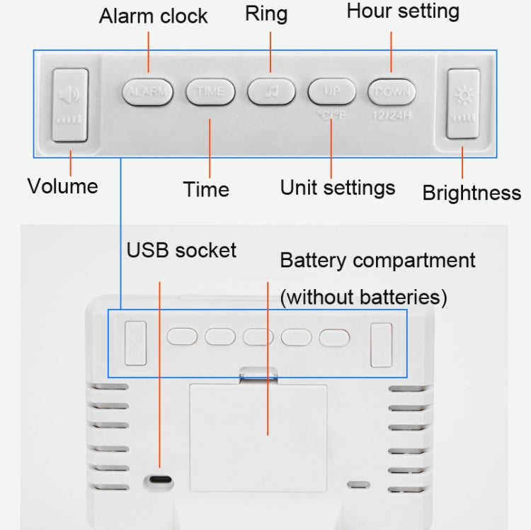 Large Screen LED Clock Bedside Multifunctional Electronic Alarm Clock(Black Shell White Light)