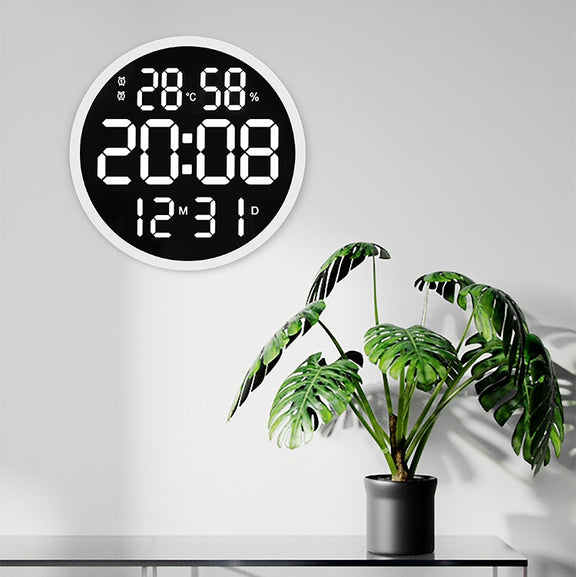 6620 12 Inch LED Simple Wall Clock Living Room Round Silent Digital Temperature And Humidity Electronic Clock(White Frame US Plug)