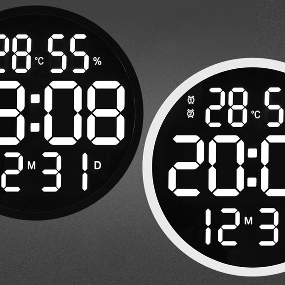 6620 12 Inch LED Simple Wall Clock Living Room Round Silent Digital Temperature And Humidity Electronic Clock(Black Frame US Plug)