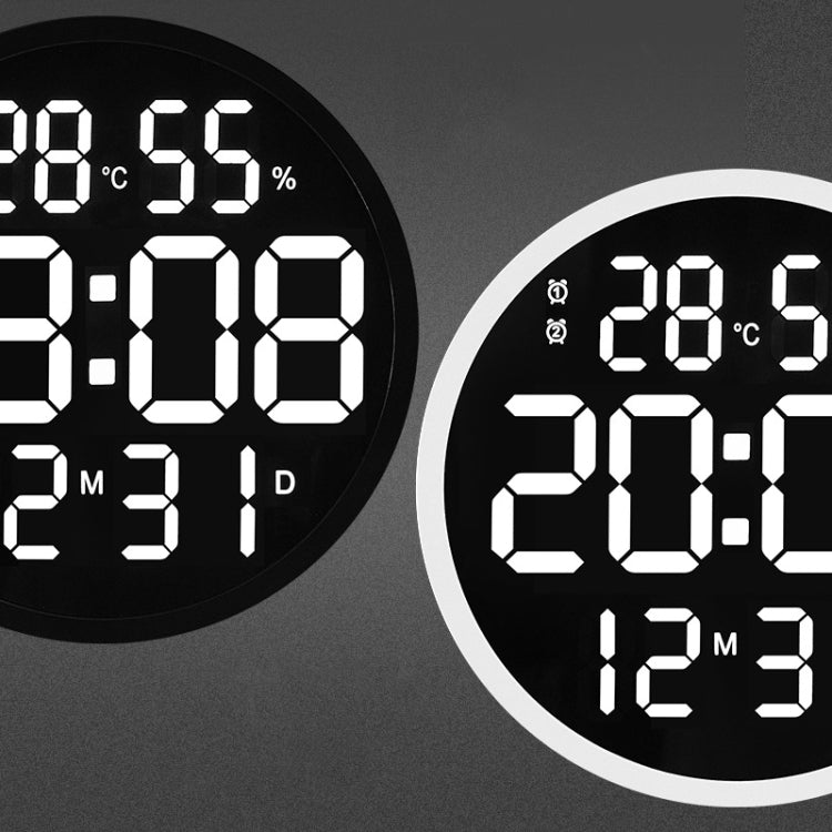6620 12 Inch LED Simple Wall Clock Living Room Round Silent Digital Temperature And Humidity Electronic Clock(Black Frame US Plug)