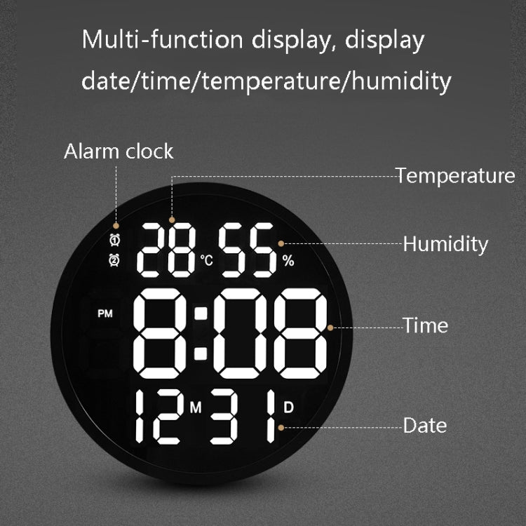 6620 12 Inch LED Simple Wall Clock Living Room Round Silent Digital Temperature And Humidity Electronic Clock(Black Frame US Plug)