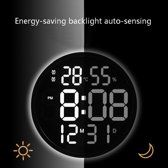 6620 12 Inch LED Simple Wall Clock Living Room Round Silent Digital Temperature And Humidity Electronic Clock(White Frame US Plug)