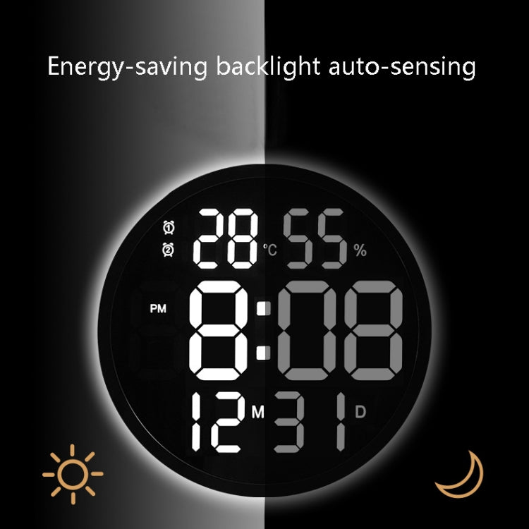6620 12 Inch LED Simple Wall Clock Living Room Round Silent Digital Temperature And Humidity Electronic Clock(Black Frame US Plug)
