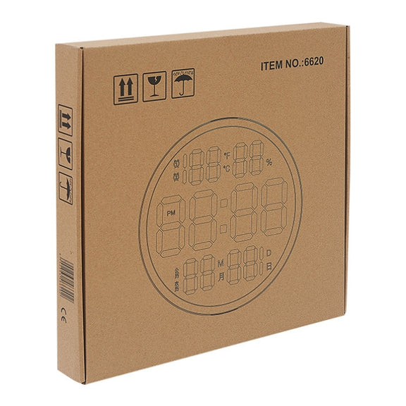6620 12 Inch LED Simple Wall Clock Living Room Round Silent Digital Temperature And Humidity Electronic Clock(Black Frame US Plug)