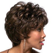 Ladies Oblique Bangs Fluffy Pick Color Wig Short Curly Hair Hood(Black Brown)
