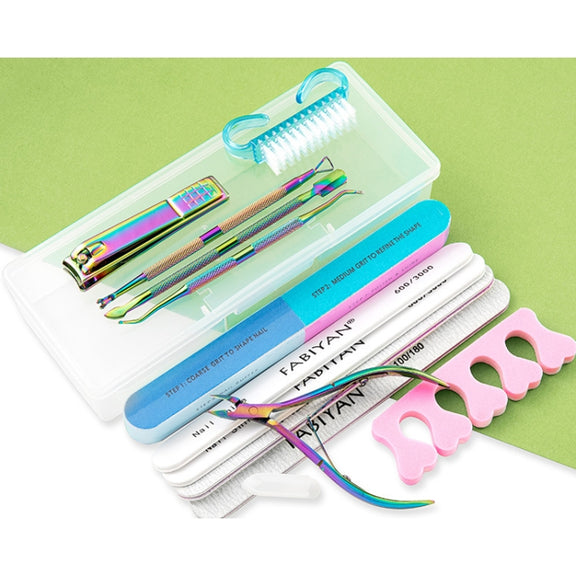 13 In 1 FABIYAN Color Titanium Nail Art Tool Set Dead Skin Shears Steel Push Nail File Pliers