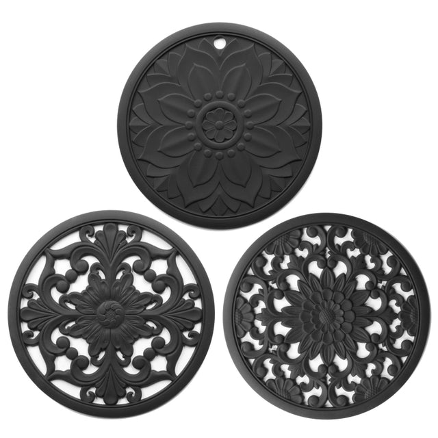 3 in 1 Hollow Flower Silicone Heat Insulation Pad Anti-Scalding Pot Bowl Pad Set(Black)
