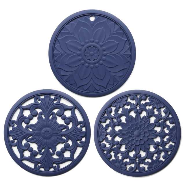 3 in 1 Hollow Flower Silicone Heat Insulation Pad Anti-Scalding Pot Bowl Pad Set(Blue)