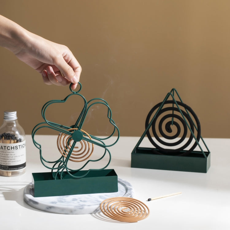 Simple Hangable Wrought Iron Mosquito Coil Holder Portable Fireproof Mosquito Coil Tray Incense Burner Ornaments Four Leaf Grass (Ink Green)