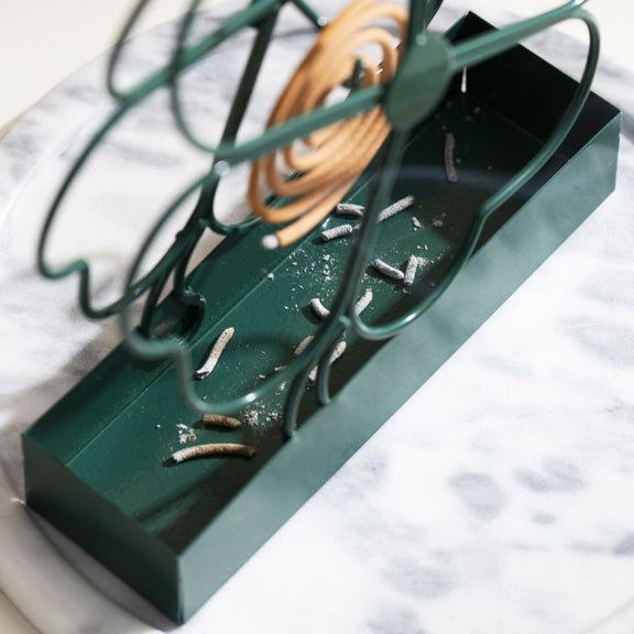 Simple Hangable Wrought Iron Mosquito Coil Holder Portable Fireproof Mosquito Coil Tray Incense Burner Ornaments Four Leaf Grass (Ink Green)