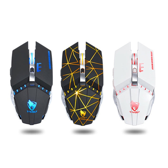 T-WOLF Q15 6-Buttons 1600 DPI Wireless Rechargeable Mute Office Gaming Mouse with 7 Color Breathing Light(Technology Black)