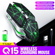 T-WOLF Q15 6-Buttons 1600 DPI Wireless Rechargeable Mute Office Gaming Mouse with 7 Color Breathing Light(Technology Black)