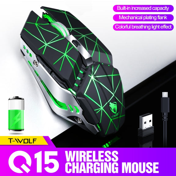 T-WOLF Q15 6-Buttons 1600 DPI Wireless Rechargeable Mute Office Gaming Mouse with 7 Color Breathing Light(Technology Black)