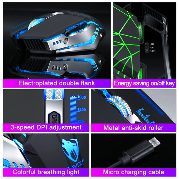 T-WOLF Q15 6-Buttons 1600 DPI Wireless Rechargeable Mute Office Gaming Mouse with 7 Color Breathing Light(Technology Black)