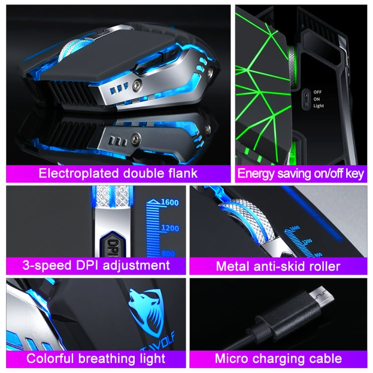 T-WOLF Q15 6-Buttons 1600 DPI Wireless Rechargeable Mute Office Gaming Mouse with 7 Color Breathing Light(Technology Black)