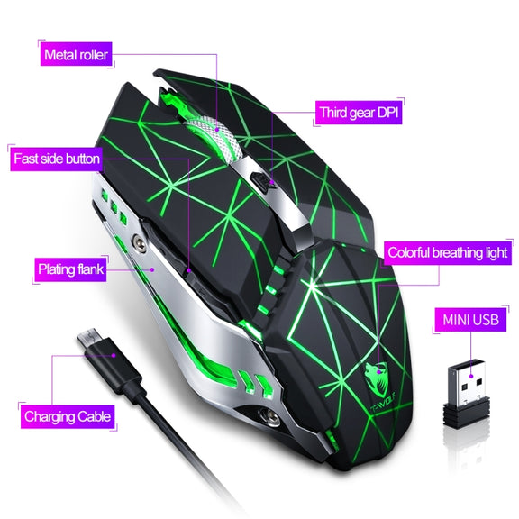 T-WOLF Q15 6-Buttons 1600 DPI Wireless Rechargeable Mute Office Gaming Mouse with 7 Color Breathing Light(Technology Black)