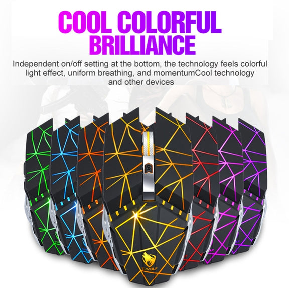 T-WOLF Q15 6-Buttons 1600 DPI Wireless Rechargeable Mute Office Gaming Mouse with 7 Color Breathing Light(Technology Black)