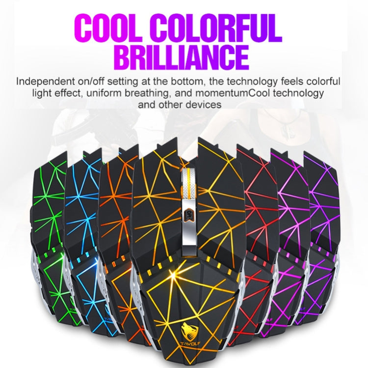 T-WOLF Q15 6-Buttons 1600 DPI Wireless Rechargeable Mute Office Gaming Mouse with 7 Color Breathing Light(Technology Black)