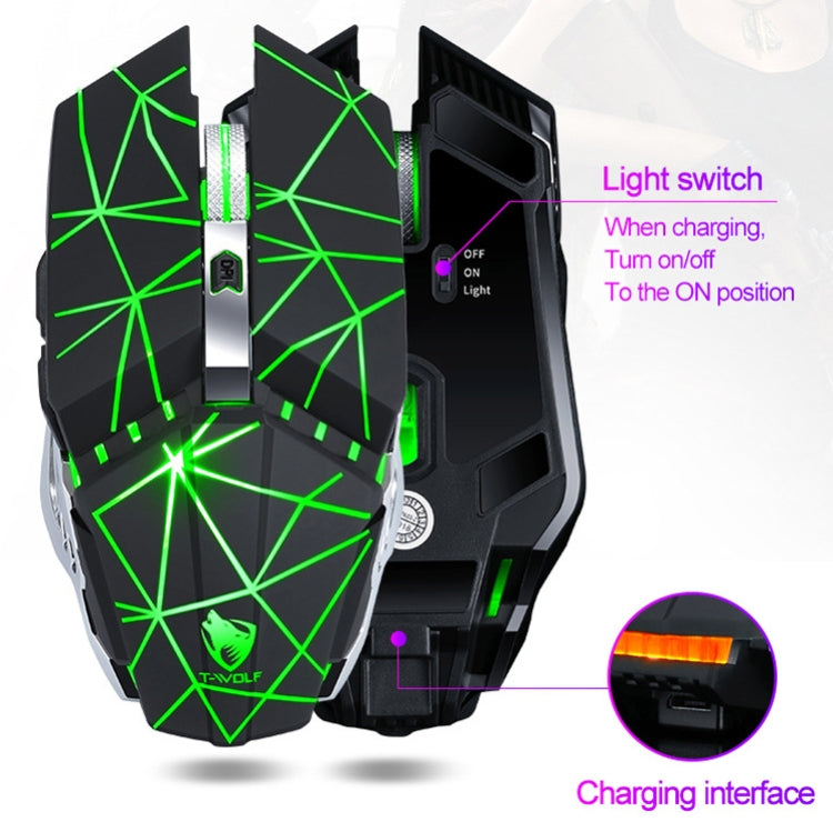 T-WOLF Q15 6-Buttons 1600 DPI Wireless Rechargeable Mute Office Gaming Mouse with 7 Color Breathing Light(Technology Black)