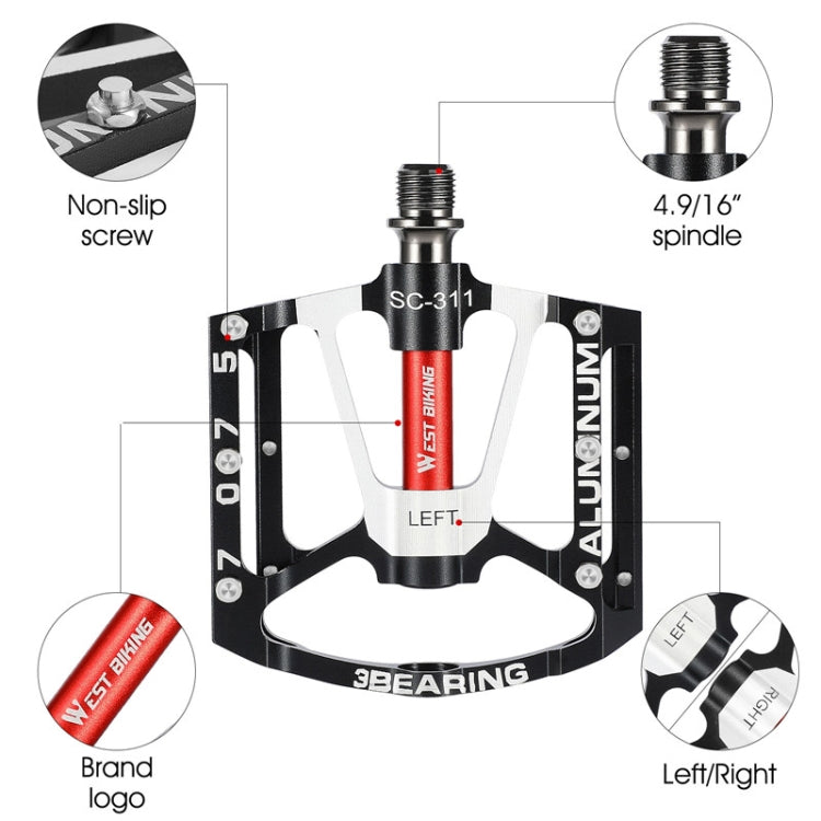 1pair WEST BIKING YP0802083 Mountain Bike Aluminum Alloy Pedal Lightweight Bearing Foot Pedal(Silver)