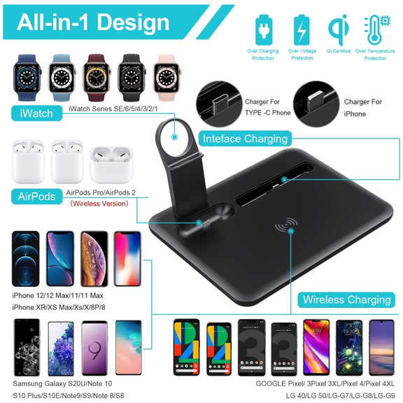 HQ-UD17 4 in 1 Wireless Charger Phone Holder Charging Base for Smart Phones, iWatch, AirPods (Black)