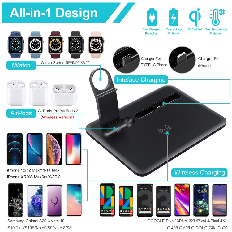 HQ-UD17 4 in 1 Wireless Charger Phone Holder Charging Base for Smart Phones, iWatch, AirPods (Black)