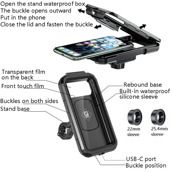 Kewig Bicycle Motorcycle Water-resistant Box Mobile Phone Bracket Riding Touch Mobile Phone Fixed Seat(M18L-B1 Large Handlebar Installation)