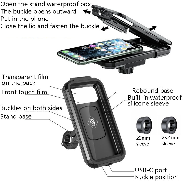 Kewig Bicycle Motorcycle Water-resistant Box Mobile Phone Bracket Riding Touch Mobile Phone Fixed Seat(M18L-B1 Large Handlebar Installation)