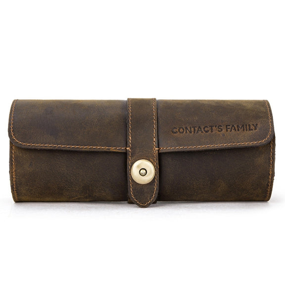 CONTACTS FAMILY CF1117  Retro Crazy Horse Texture Leather Watch Box Round Buckle Storage Box,Capacity: Can Hold 3 Watches(Coffee)