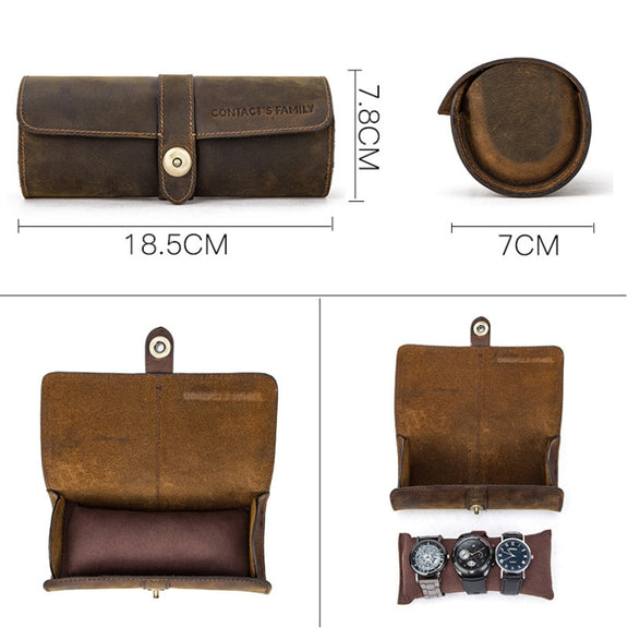 CONTACTS FAMILY CF1117  Retro Crazy Horse Texture Leather Watch Box Round Buckle Storage Box,Capacity: Can Hold 3 Watches(Coffee)