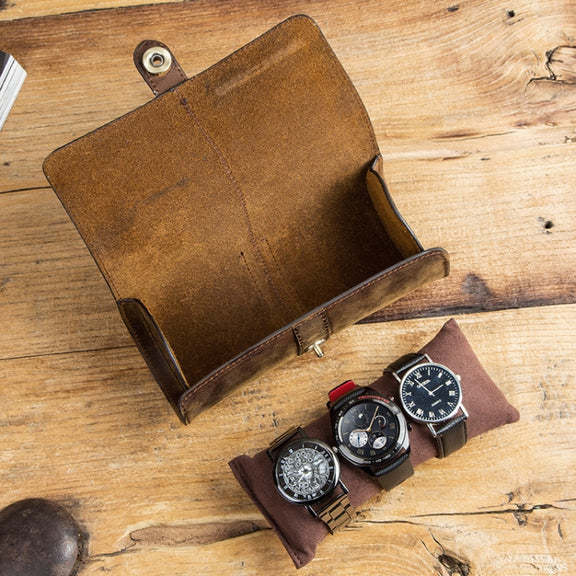 CONTACTS FAMILY CF1117  Retro Crazy Horse Texture Leather Watch Box Round Buckle Storage Box,Capacity: Can Hold 3 Watches(Coffee)
