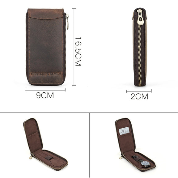 Contacts Family CF1121  Retro Crazy Horse Leather Watch Storage Box Single Watch Seat Portable Watch Zipper Bag(Coffee)