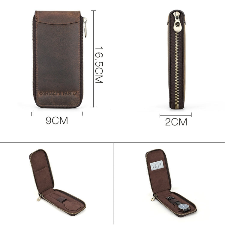 Contacts Family CF1121  Retro Crazy Horse Leather Watch Storage Box Single Watch Seat Portable Watch Zipper Bag(Coffee)