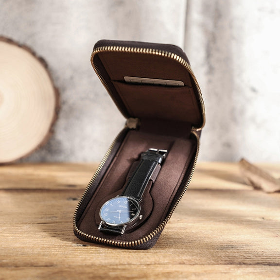 Contacts Family CF1121  Retro Crazy Horse Leather Watch Storage Box Single Watch Seat Portable Watch Zipper Bag(Coffee)
