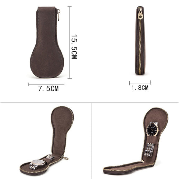 Contacts Family CF1112 Single Watch Position Retro Crazy Horse Leather Watch Storage Box Watch Zipper Case(Coffee)
