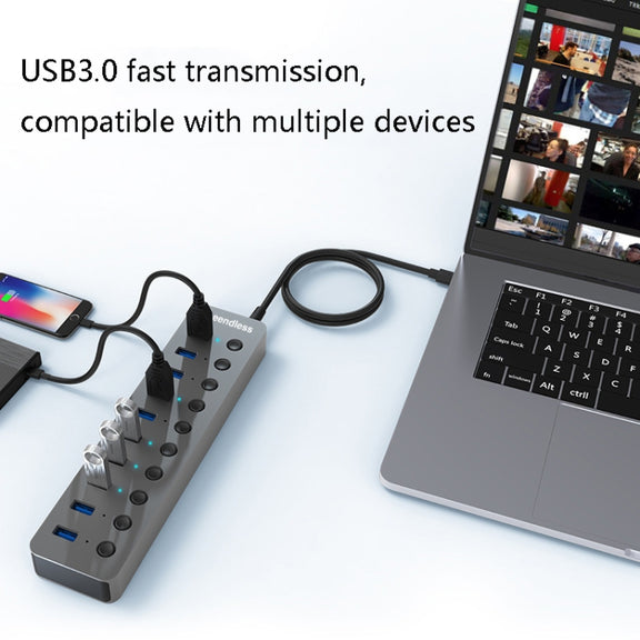 Blueendless USB Splitter Aluminum Alloy QC Fast Charge Expander, Number of interfaces: 10-port (12V4A Power)
